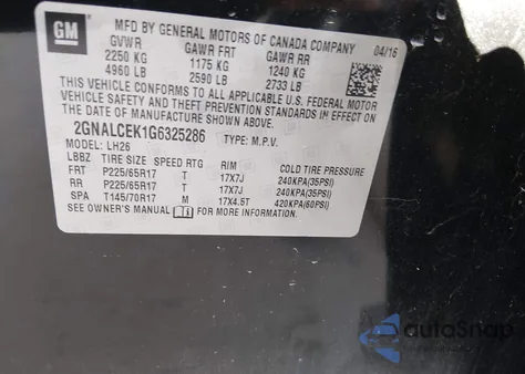 2016 Chevrolet Equinox Lt из США, поврежденный, VIN 2GNALCEK1G6325286